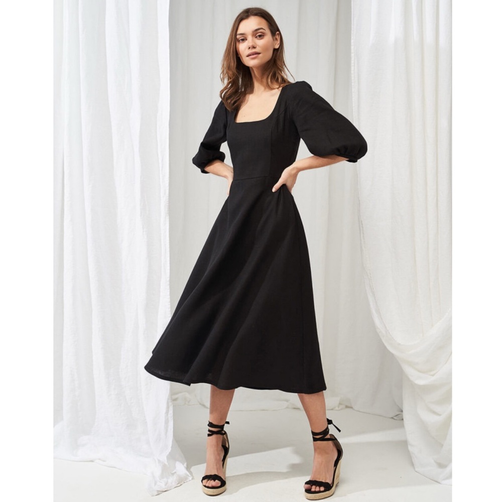 New Linen Handmade Studio The Aurora Puff Sleeve Midi Dress in GREEN Size 4